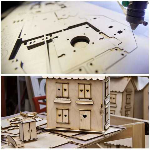 Three basswood sheets 12x8x3/8 in unfinished wood for crafts; close-up laser-cut panels and a wooden house model.