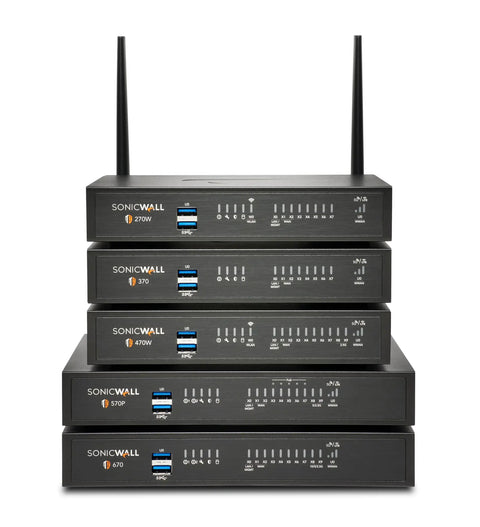 TZ570p Gen Seven Firewall Fires Up Your Office Network With Native PoE And A Bulletproof Three Year Advanced Protection Bundle Plus Cloud Secure Edge For Seamless Multi Gig Security stacked network security devices in black with LED indicators