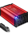 Heavy Duty 300 Watt Car Power Inverter, Plug And Play Dc 12v To 110v Ac Conversion With Dual Usb Fast Charging and US House Plugs, showing red casing and car plug.