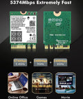 Tri Band WiFi 6E Network Card With AX210 NGW Bluetooth 5.3 For Laptop Upgrade Fast 6GHz 5GHz And 2 4GHz Speeds Plug And Play Windows 10 11 64 Bit M2 NGFF High Speed Wireless Adapter showing card front and back with speed ratings and usage icons