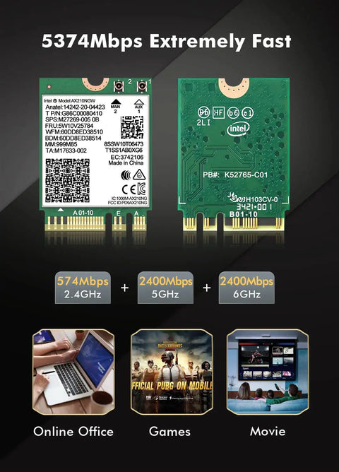 Tri Band WiFi 6E Network Card With AX210 NGW Bluetooth 5.3 For Laptop Upgrade Fast 6GHz 5GHz And 2 4GHz Speeds Plug And Play Windows 10 11 64 Bit M2 NGFF High Speed Wireless Adapter showing card front and back with speed ratings and usage icons