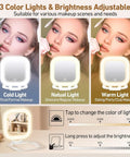 On The Go Travel Mirror With Light Portable Compact Magnifying Mirror showing three color light settings for makeup