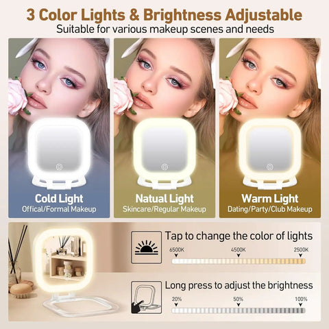 On The Go Travel Mirror With Light Portable Compact Magnifying Mirror showing three color light settings for makeup