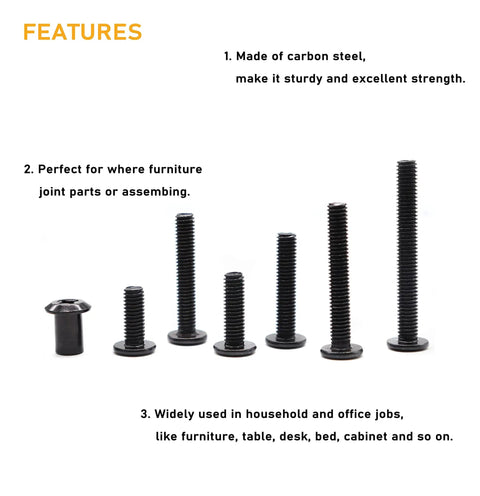 M6 Furniture Connector Bolts And Barrel Nuts Set Black Zinc Plated Phillips Drive 70 Piece Pro Grade DIY Kit Features