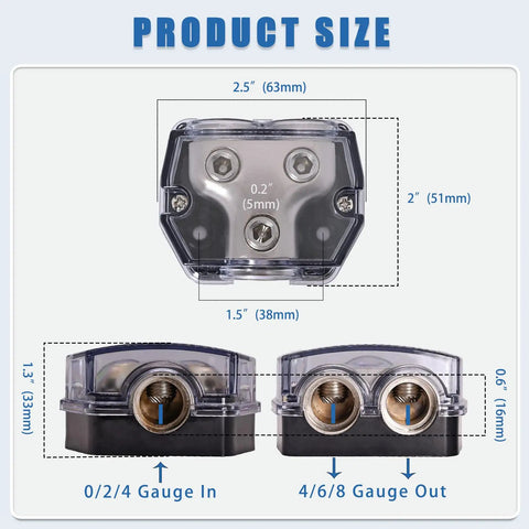 Two Way Power Distribution Block For 0 Gauge In And Out Amp Distribution Block Splitter 12V Auto Stereo Ground Distribution Blocks For Car Audio Truck Boat RV Heavy Duty Waterproof 2 Pack, top and side size view