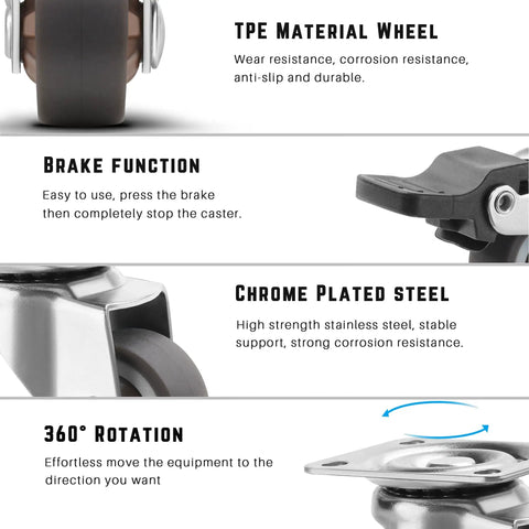 Set Of Four 1 Inch Brown Swivel Caster Wheels With Rock Solid Slick Lock Brakes And Silent Non Marking Tpe Rollers Rated For 88 Lbs Max Indoor And Outdoor Use, showing TPE wheel and brake function.