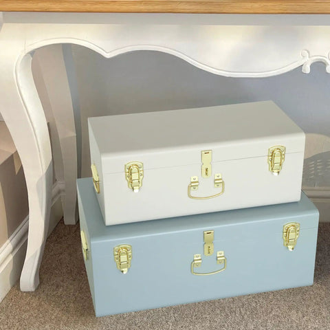 Dope Decorative Metal Storage Trunks With Heavy Duty Locking Hardware And Grippy Handles Super Sleek Pair Of Secure Chests For Dorm Rooms And Chill Living Spaces In Crisp White And Cool Blue