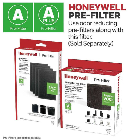 Honeywell Pre-Filter packaging for air purifiers with text about odor reduction and compatibility, sold separately.