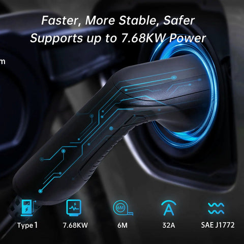 Close-up of 32A 7.68kW Level 2 EV Charger With NEMA 14 50 20ft Wall Mount Station, SAE J1772 connector in use