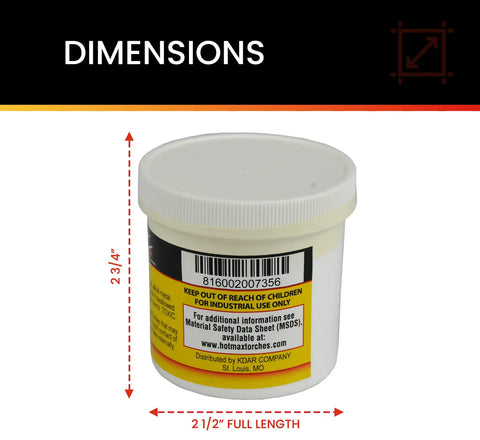 Aluminum Brazing Flux container with dimensions for torch welding, Zinc Chloride Totally Great for 4047 4043 1100 alloys, 2.5x2.75 inches.