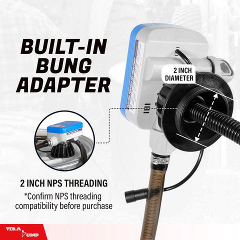 Close-up of Badass Electric Drum Pump for 55 Gallon Barrels, showing built-in bung adapter with 2 inch diameter for secure fit.