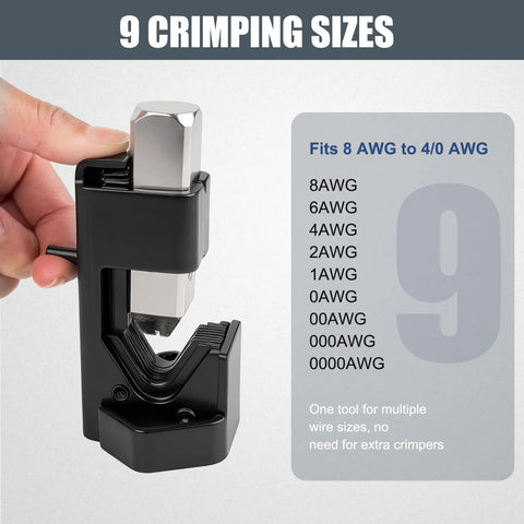 Beefy Lug Crimper Tool For 8 AWG To 0000 AWG Battery And Welding Cables in use showing 9 crimping sizes for electrical applications