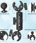 Double Clamp Umbrella Camera Pole With 360 Degree Ball Head And Magic Socket Arm All In One Clamp Holder shown with labeled features.