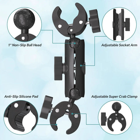 Double Clamp Umbrella Camera Pole With 360 Degree Ball Head And Magic Socket Arm All In One Clamp Holder shown with labeled features.