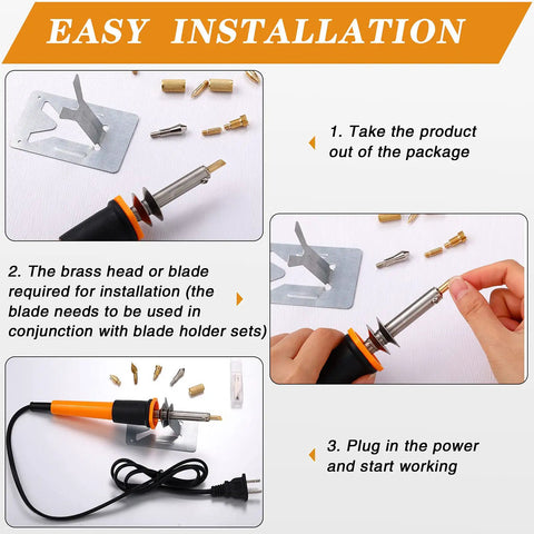 Easy installation guide for Get This Bad Honoson 30 Pc Electric Hot Knife Cutter Kit With Wood Burning Pen, showing steps and tools.