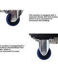 Heavy Duty Outdoor Industrial Air Conditioner Featuring Extendable Exhaust Hose For Shops And Warehouses Pumping Out Serious Chill Throughout The Summer Season In Sleek Black Finish close-up of wheels for easy movement.