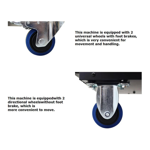 Heavy Duty Outdoor Industrial Air Conditioner Featuring Extendable Exhaust Hose For Shops And Warehouses Pumping Out Serious Chill Throughout The Summer Season In Sleek Black Finish close-up of wheels for easy movement.