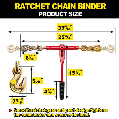 Heavy Duty Ratchet Chain Binders 5/16 To 3/8 Inch, 4 Pack With Clevis Hooks, Product Dimension Diagram