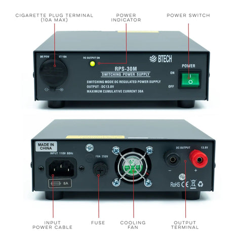 Front and back view of RPS-30M Beefy 30 Amp Compact Regulated Bench Power Supply With 13.8V DC Output And Screw Terminals Plus Cigarette Plug