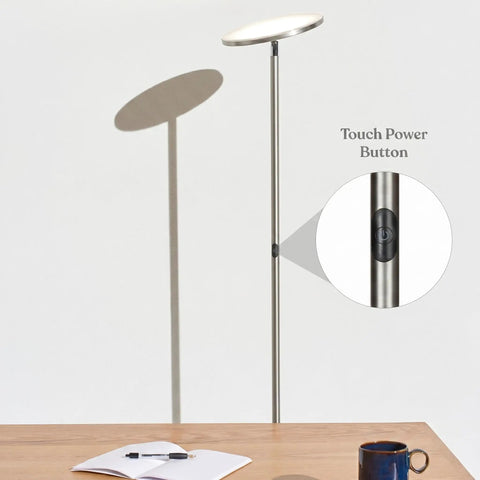 Super Bright LED Floor Lamp Torchiere For Living Room And Office Dimmable Tall Standing Lamp With Warm 3000K Glow 2190 Lumens Brushed Nickel Finish