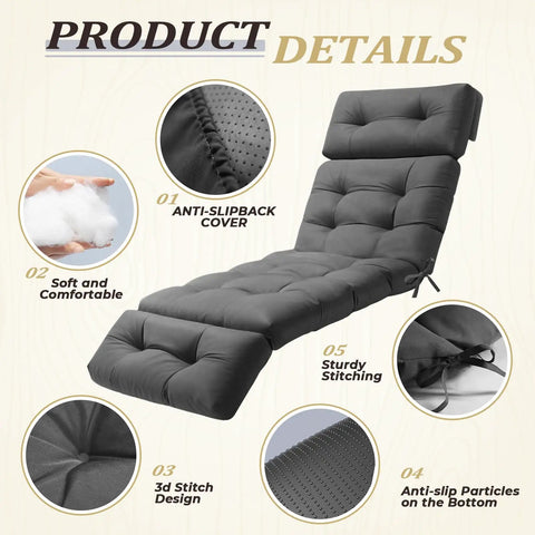Ultra Comfy All Weather Outdoor Chaise Lounge Cushion Waterproof 74.4 Inch Long by 22 Inch Wide by 4.7 Inch Thick With Ties for Poolside Patio Balcony Furniture Grey, featuring anti-slip cover and sturdy stitching