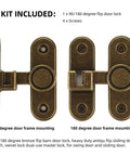 Heavy Duty 90 To 180 Degree Flip Barn Door Lock For Sliding Doors Built Tough Anti Rust Bronze Zinc Alloy Latch Dual Use For Flat Frames Or 90 Degree Doors Antique Finish Security Hardware Upgrade 2025, side by side view of 90 and 180 degree mounting plates.