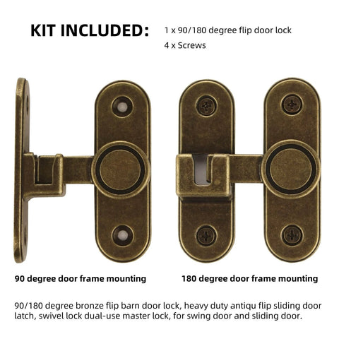 Heavy Duty 90 To 180 Degree Flip Barn Door Lock For Sliding Doors Built Tough Anti Rust Bronze Zinc Alloy Latch Dual Use For Flat Frames Or 90 Degree Doors Antique Finish Security Hardware Upgrade 2025, side by side view of 90 and 180 degree mounting plates.