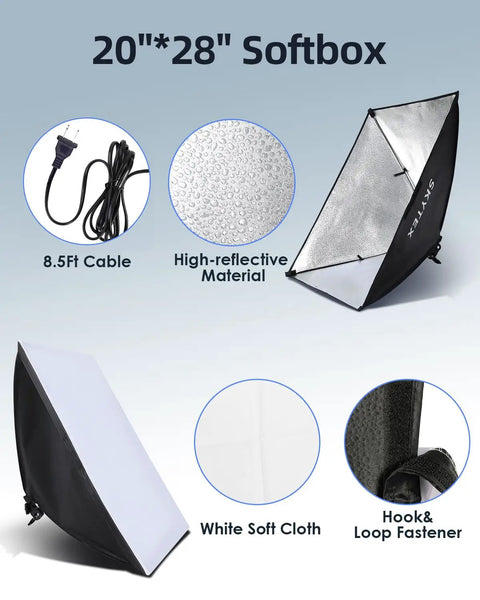 Two Pack Softbox Lighting Kit 20x28 Inch With 135W 5500K CFL Bulbs showing reflective interior and components