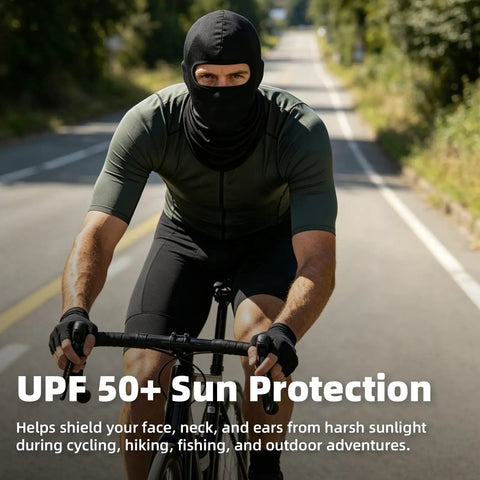 Cyclist wearing All Season Balaclava Face Mask For Men And Women With UPF 50 Plus UV Protection, Windproof Ride Gear