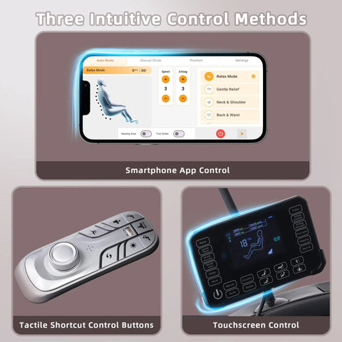 Control methods for 4D Massage Chair For Home Relaxation With Full Body Zero Gravity Recliner, showing app, buttons, touchscreen.