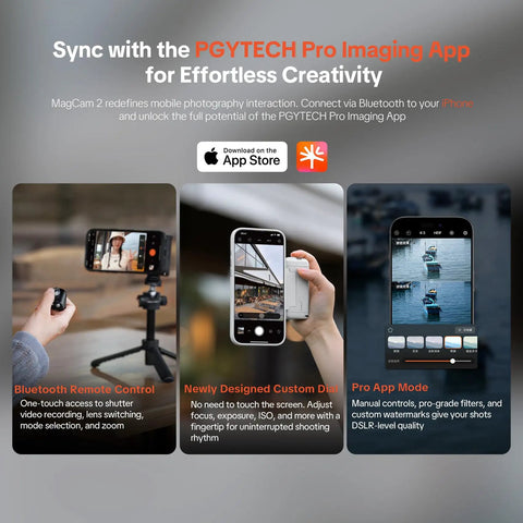 Three phone screens showing Magnetic 3 In 1 Phone Grip With Built In 3000mAh Power Bank features using PGYTECH Pro Imaging App.