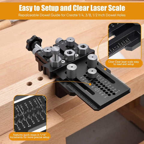 Doweling Jig Kit With Quick Positive Stop And Clamp, Adjustable Doweling Jig For 1/4, 3/8, And 1/2 Inch Drill Bits, laser scale