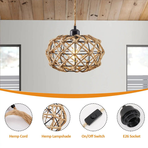Plug In Pendant Light With On Off Switch Hemp Rope Woven Rattan Hanging Lamp For Cozy Farmhouse Kitchen And Bedroom