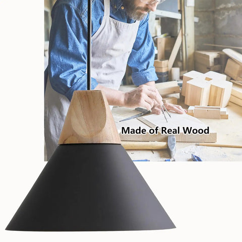 Solid Wood Matte Black Pendant Lights Three Pack For Kitchen Island And Dining Room Modern Ceiling Hanging Lamps For Bar And Coffee Bar Minimalist Wood And Metal Design Warm Ambience with craftsman working on wood base