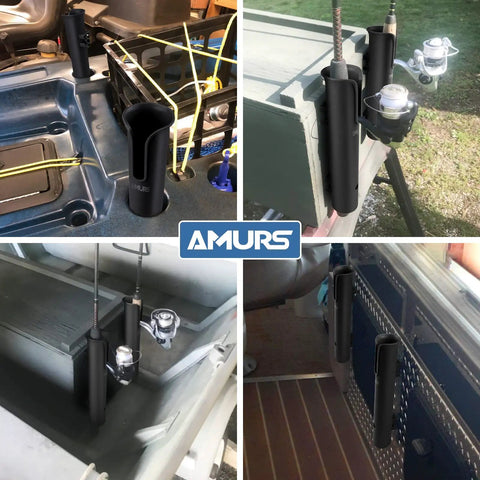 Six Tube Fishing Rod Holder Bracket Black With Screws ABS Plastic mounted on various surfaces, showing utility in boat and trailer setup.