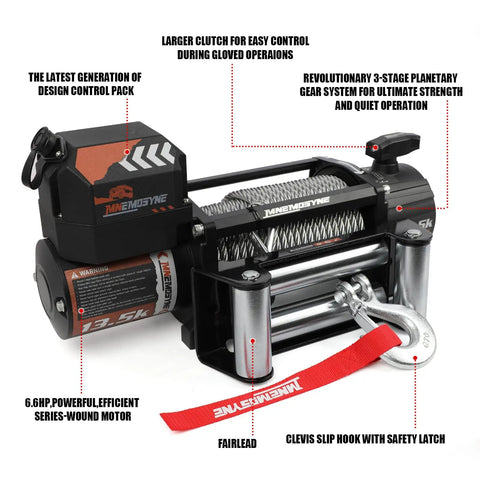 Heavy Duty 13500lbs Electric Winch With Wireless Remote 12V System And Stainless Steel Cable For Truck Trailer Jeep 4WD Off Road Recovery And Towing Jobs close-up of winch details including motor and hook