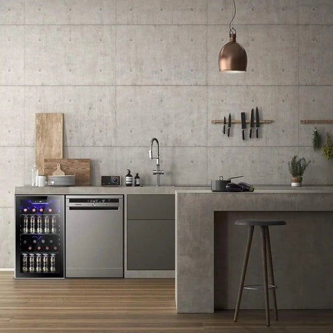 Modern kitchen with 26 Bottle Wine Cooler And 130 Can Beverage Refrigerator With Clear Glass Door Quiet Compressor Adjustable Temperature