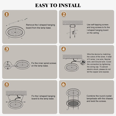 Installation guide for Crystal Flush Mount Ceiling Light With K9 Crystals, Dimmable 18W LED, 11 Inch Modern Fixture.