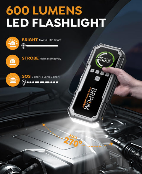 6000 lumens flashlight feature of the 8000A Peak Jump Starter With Air Compressor For Cars And Diesel Engines in engine bay