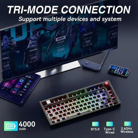 Top Shelf Wireless Mechanical Keyboard Kit With Rock Solid Gasket Mount Design, Reliable 75 Percent Layout, Premium Aluminum Alloy Frame, showing tri-mode connection compatibility with devices.