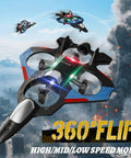 Foam Remote Control Airplane And Jet Helicopter Drone flying with LED lights and performing a 360-degree flip over cityscape.