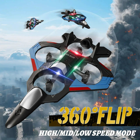 Foam Remote Control Airplane And Jet Helicopter Drone flying with LED lights and performing a 360-degree flip over cityscape.