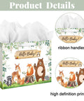 13 Inch Large Baby Gift Bag With Handle In Sage Green, Kid Friendly Woodland Animals Design, Includes Tissue Paper