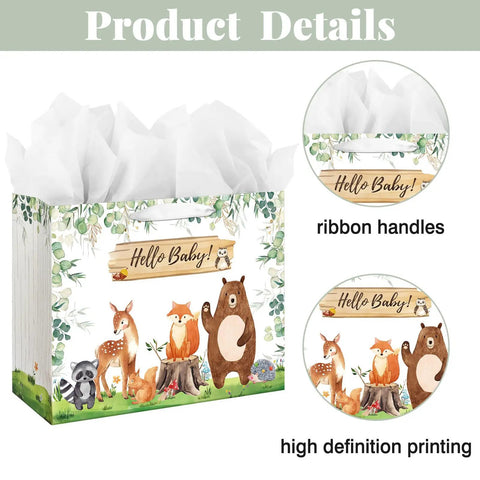 13 Inch Large Baby Gift Bag With Handle In Sage Green, Kid Friendly Woodland Animals Design, Includes Tissue Paper