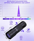 Tiny But Mighty Portable UV Black Light Flashlight With 12 LEDs, aerospace aluminum body, 3.8in x1.1in size, 395nm wavelength.