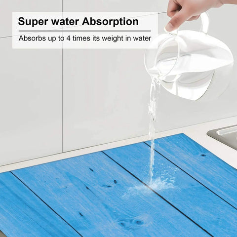 Pouring water onto Ultra Absorbent Wood Grain Dish Drying Mat For Kitchen Counter With Microfiber Surface, Machine Washable, 16 by 18 inches.