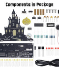 Components of Halloween Music Castle Soldering Kit For Teens And Adults With Dual Lighting Modes And Spooky Sound