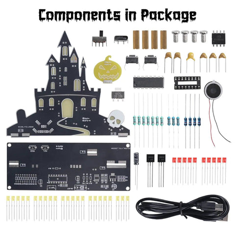 Components of Halloween Music Castle Soldering Kit For Teens And Adults With Dual Lighting Modes And Spooky Sound