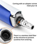 Heavy Duty Half Inch Drive Air Ratchet Wrench Spins Up To 65 Ft Lbs At 160 Rpm To Rapidly Crack Loose Stubborn Engine Bolts With A Rugged Steel Housing And Smooth Reversing Trigger Ideal For Real Grease Monkey Hustle, showing stainless steel filter and adapter connector.