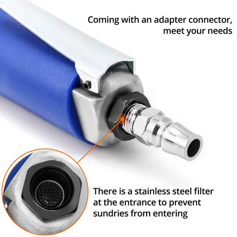 Heavy Duty Half Inch Drive Air Ratchet Wrench Spins Up To 65 Ft Lbs At 160 Rpm To Rapidly Crack Loose Stubborn Engine Bolts With A Rugged Steel Housing And Smooth Reversing Trigger Ideal For Real Grease Monkey Hustle, showing stainless steel filter and adapter connector.